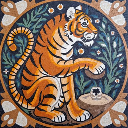 Regal Tiger in a Circular Motif Mosaic