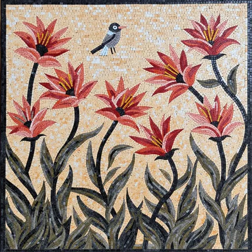 Bird Among Red Flowers Mosaic | Flower Mosaics | iMosaicArt
