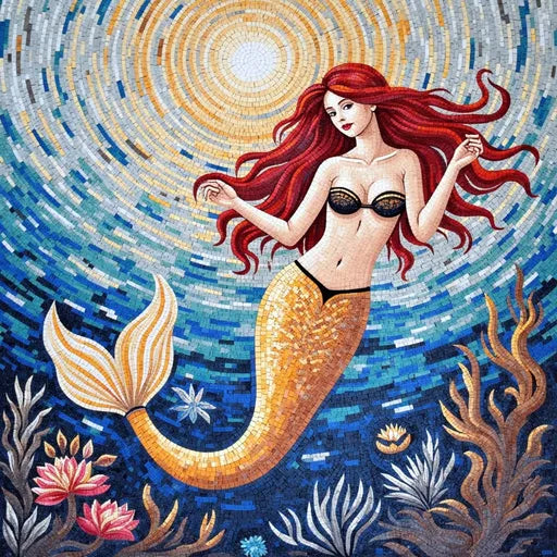 Golden-tailed Mosaic Mermaid - Mosaic Wall Art