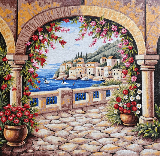 Mediterranean Coastal View through Arch: A Mosaic Dream | Landscape Mosaics | iMosaicArt