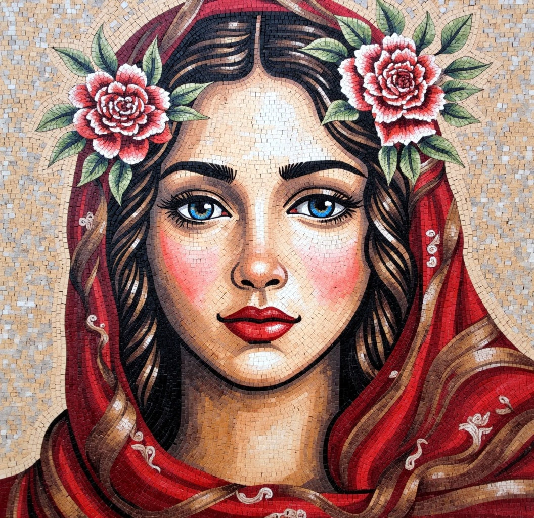 Portrait of a Woman with Red Flowers: A Mosaic of Elegance