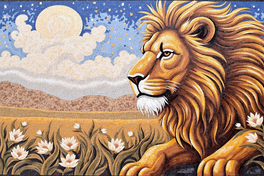 Majestic Lion in a Sunny Landscape: A Mosaic of Power | Animal Mosaics | iMosaicArt