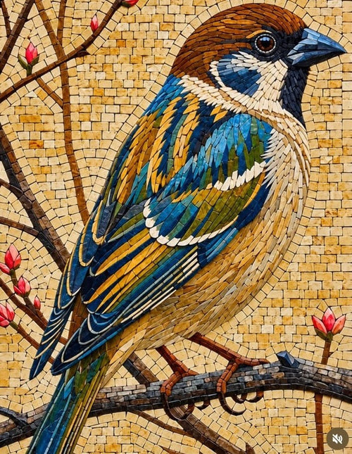 Sparrow on Blossom Branch Mosaic Art