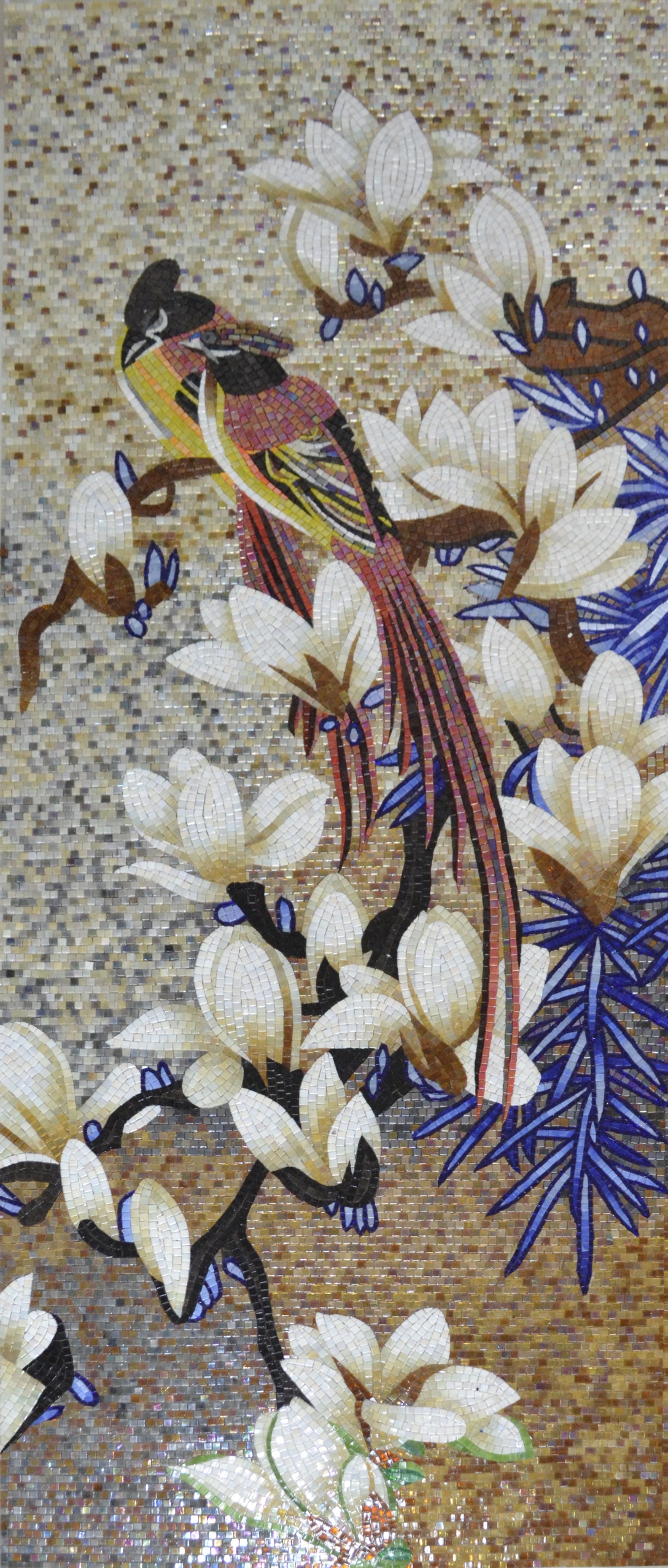Elegant Handmade Bird Mosaic: Serenity in Neutrals