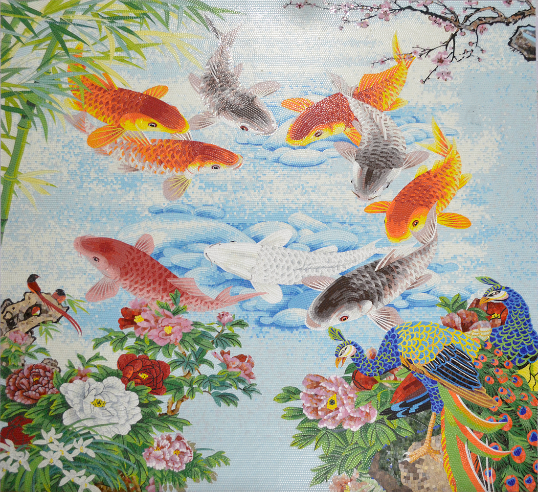Vibrant & Eye-Catching Koi Fish Glass Mosaic Artwork for a Fun and Energetic Space