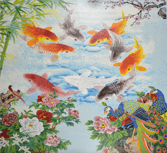 Vibrant & Eye-Catching Koi Fish Glass Mosaic Artwork for a Fun and Energetic Space