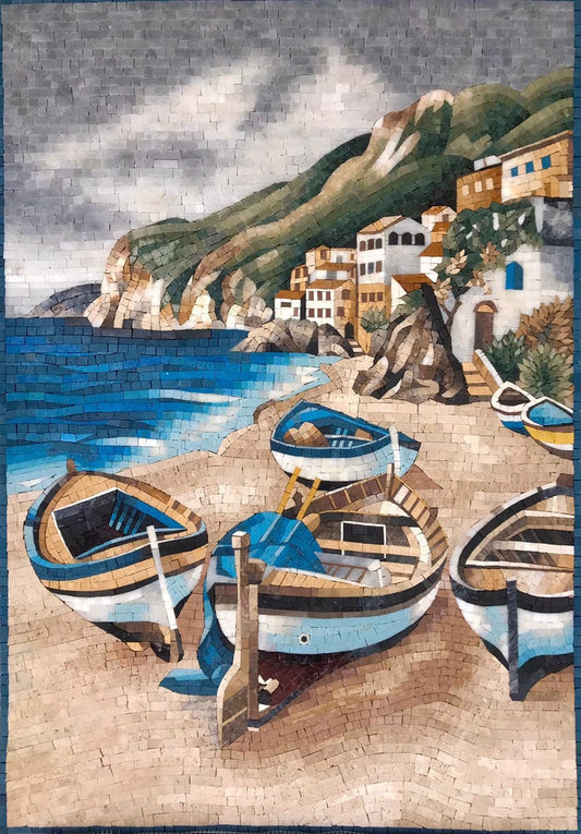 Sun-Kissed Sails: Mosaic Boats Dancing on a Turquoise Coast